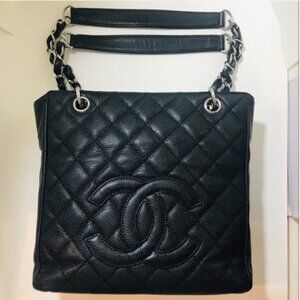 Chanel Petite Qulited Caviar Black Leather Shopping Tote with Silver Hardware